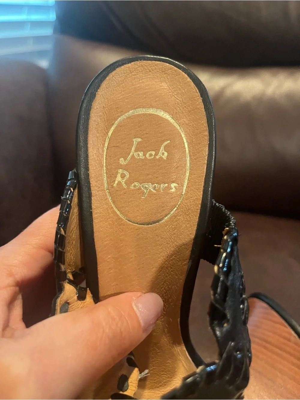 Jack Rogers Black Woven Leather Slide Sandals with Medallions